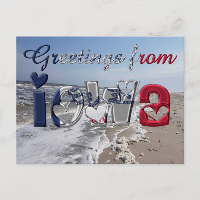 Greetings from Iowa State Flag Hearts USA Postcard (Front)