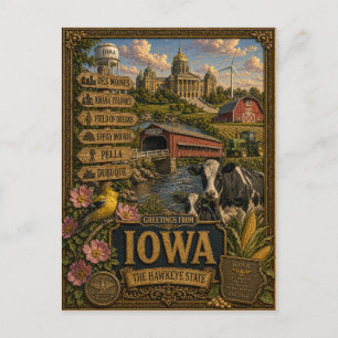 Greetings From Iowa   Vintage Retro Art Postcard