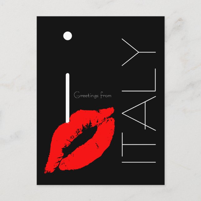 Greetings from Italy Red Lipstick Kiss Black Postcard (Front)