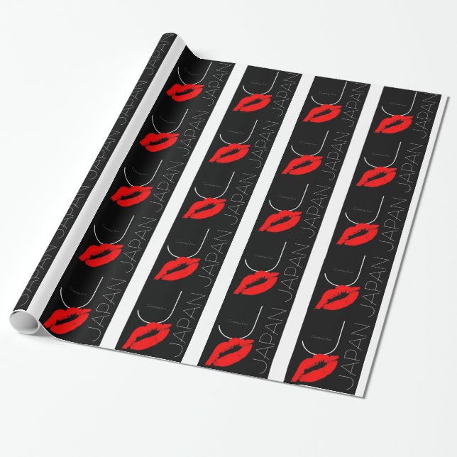 Greetings from Japan Red Lipstick Kiss Black Wrapping Paper (Unrolled)