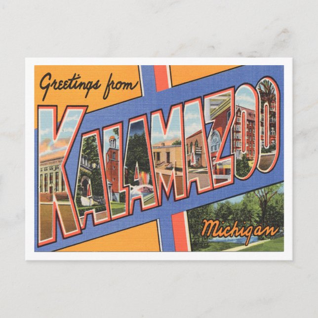 Greetings from Kalamazoo, Michigan Vintage Travel Postcard (Front)