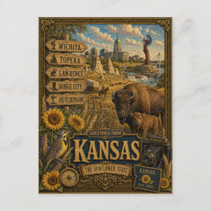 Greetings From Kansas   Vintage Retro Art Postcard