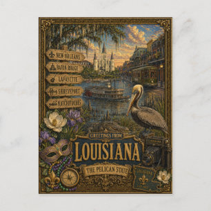 Greetings From Louisiana   Vintage Retro Art Postcard