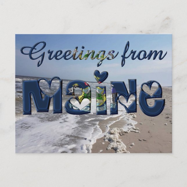 Greetings from Maine State Flag Hearts USA Postcard (Front)