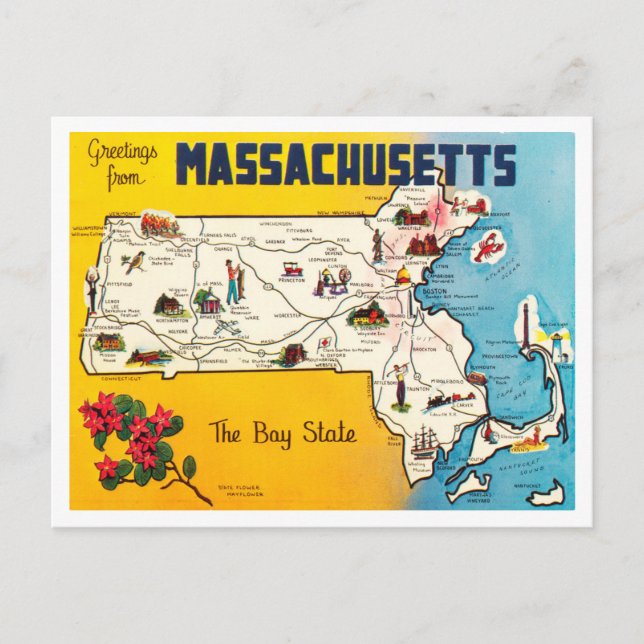 Greetings from Massachusetts, The Bay State Travel Postcard (Front)