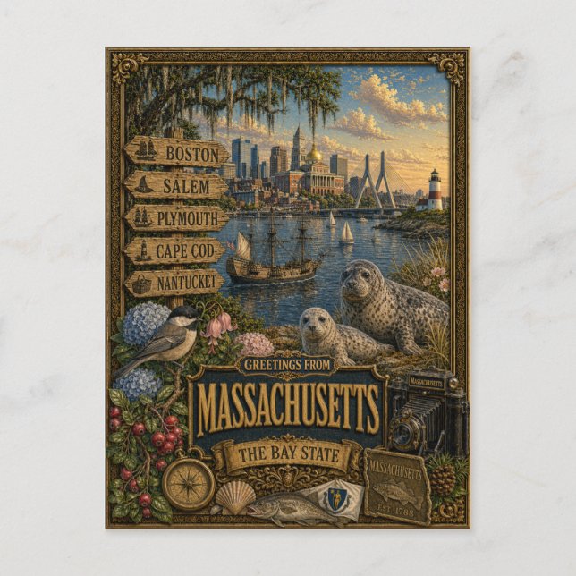 Greetings From Massachusetts | Vintage Retro Art Postcard (Front)
