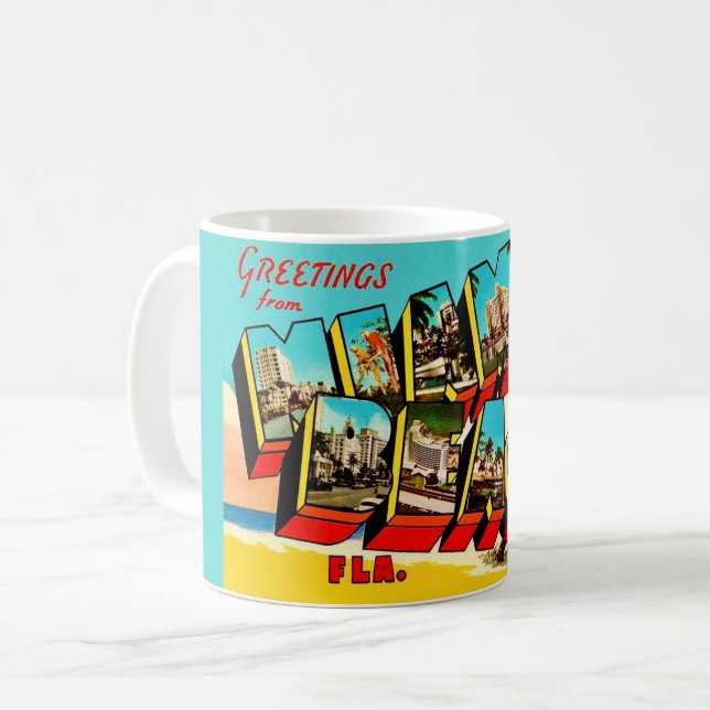 Greetings from Miami Beach Postcard Coffee Mug (Front Left)
