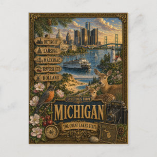Greetings From Michigan   Vintage Retro Art Postcard