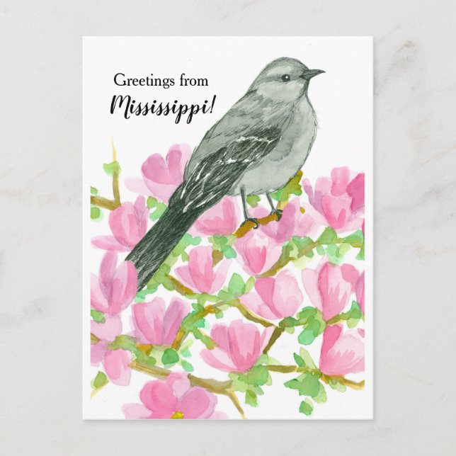 Greetings from Mississippi Mockingbird Magnolia Postcard (Front)