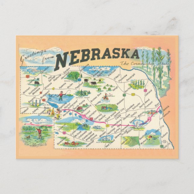 Greetings from Nebraska vintage map Postcard (Front)