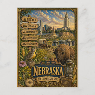 Greetings From Nebraska Vintage Retro Art Postcard