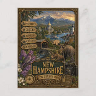Greetings From New Hampshire Vintage Retro Art Postcard