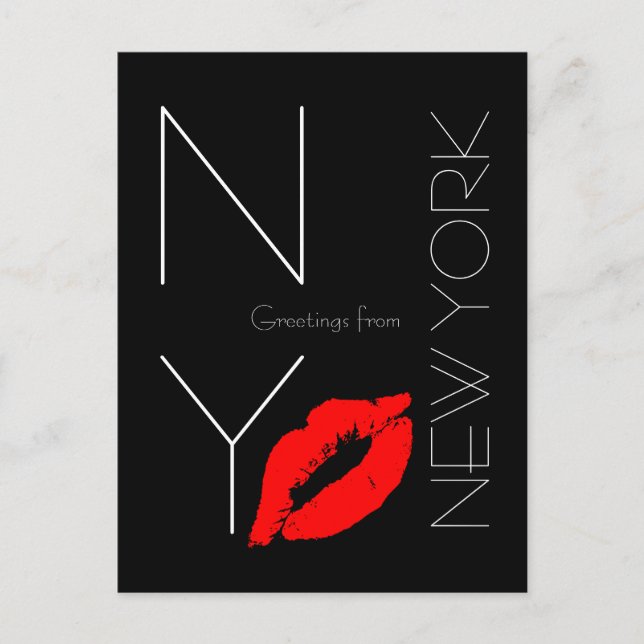 Greetings from New York Red Lipstick Kiss Black Postcard (Front)