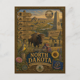 Greetings From North Dakota Vintage Retro Art Postcard