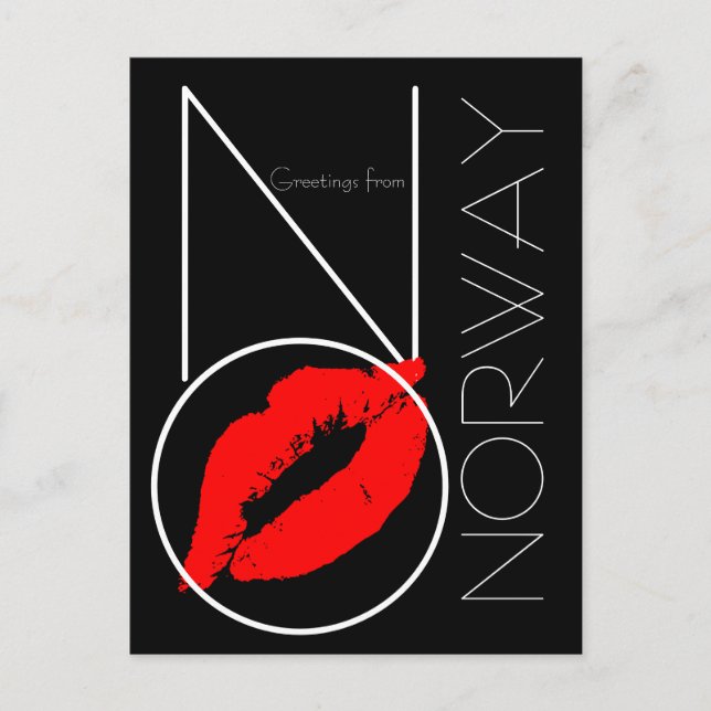 Greetings from Norway Red Lipstick Kiss Black Postcard (Front)