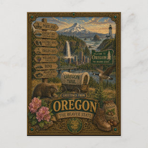 Greetings From Oregon   Vintage Retro Art Postcard
