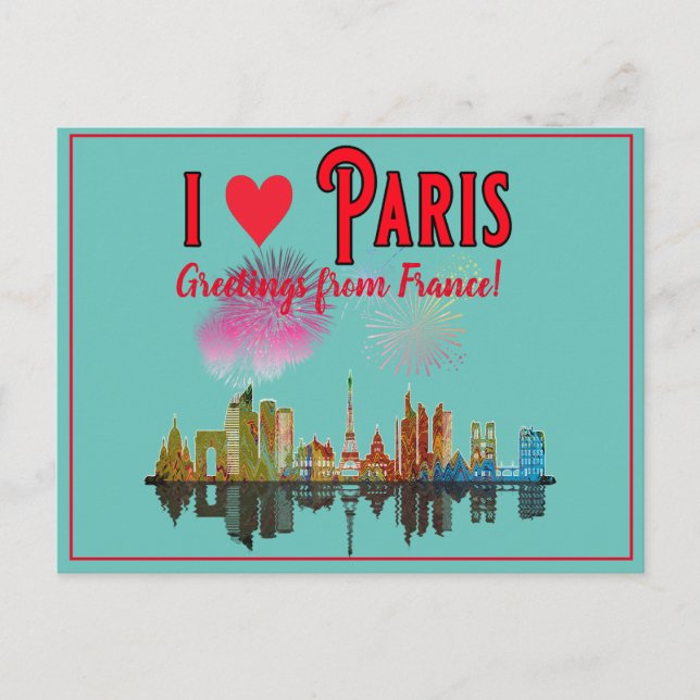 Greetings From Paris at Night Skyline Fireworks Holiday Postcard (Front)