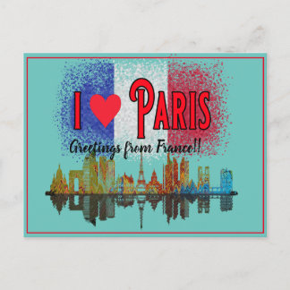 Greetings From Paris Skyline French Flag Souvenir Holiday Postcard