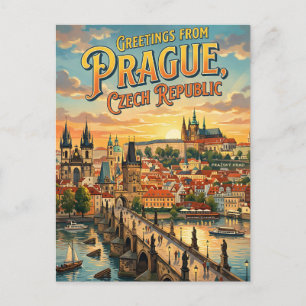 Greetings from Prague Czech Republic Vintage Style Postcard