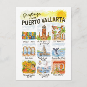Greetings from Puerto Vallarta   Watercolor Travel Postcard