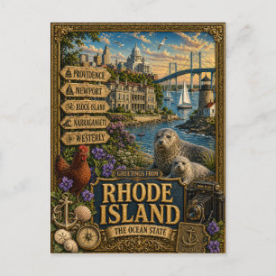 Greetings From Rhode Island   Vintage Retro Art Postcard