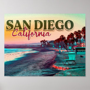 Greetings from San Diego Ca Watercolor Sunset 60s Poster