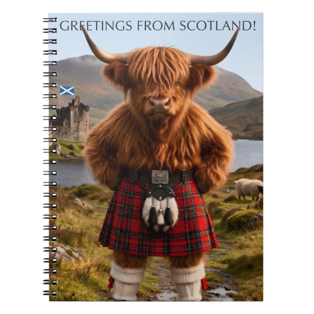 "Greetings From Scotland" Highland Cow Design Notebook (Front)