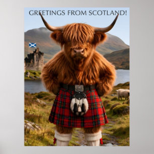 "Greetings From Scotland" Highland Cow Design Poster