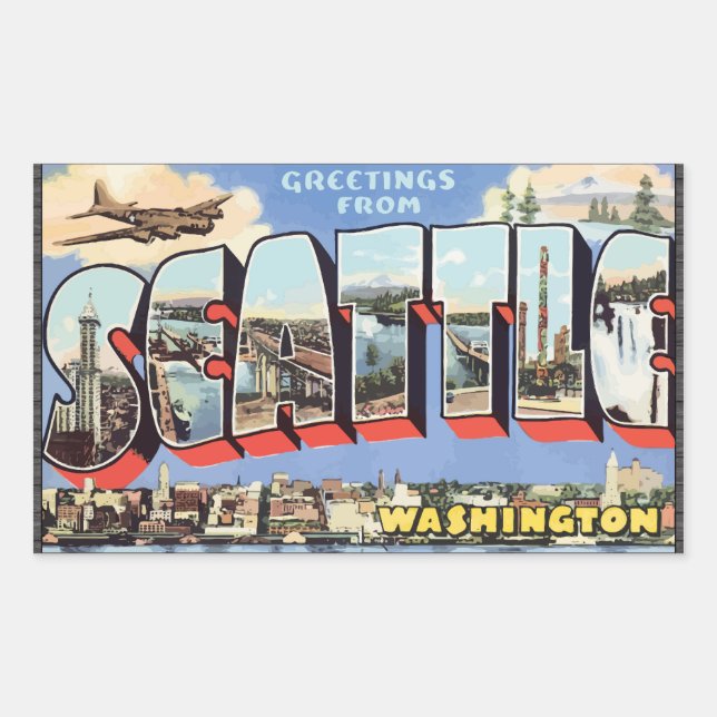Greetings From Seattle Washington, Vintage Rectangular Sticker (Front)