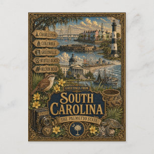 Greetings From South Carolina Vintage Retro Art Postcard
