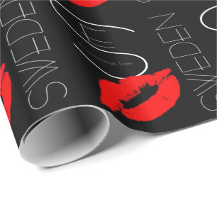Greetings from Sweden Red Lipstick Kiss Black Wrapping Paper