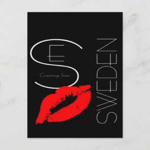 Greetings from Sweden Red Lipstick Love Kiss Black Postcard
