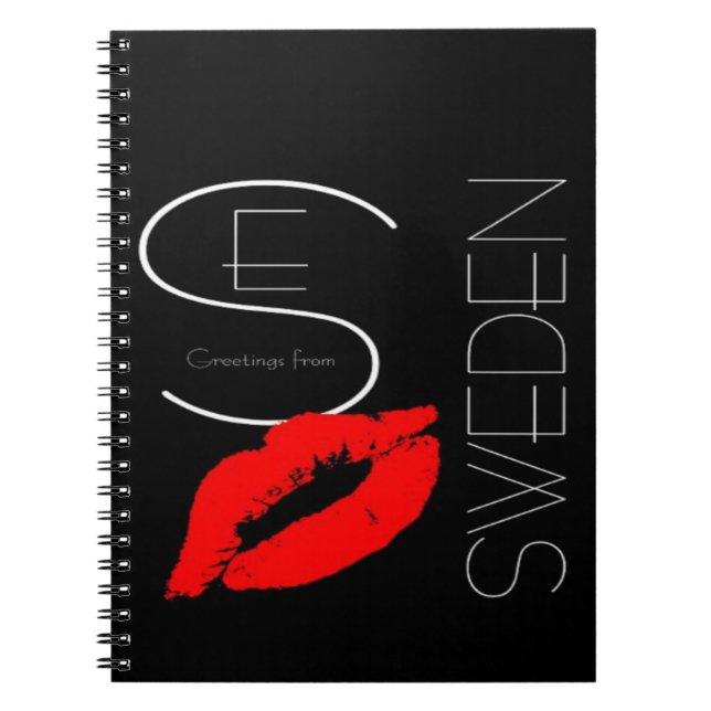 Greetings from Sweden Red Lipstick Love Kiss Black Spiral Notebook (Front)