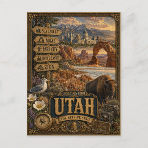 Greetings From Utah   Vintage Retro Art Postcard