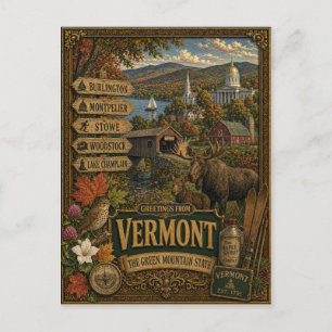 Greetings From Vermont Vintage Retro Art Postcard