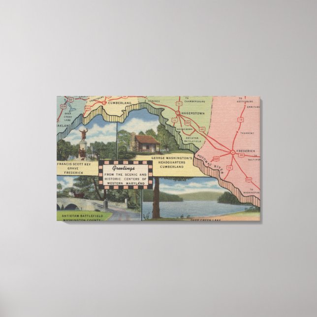 Greetings From Western Maryland (Detailed Map) Canvas Print (Front)