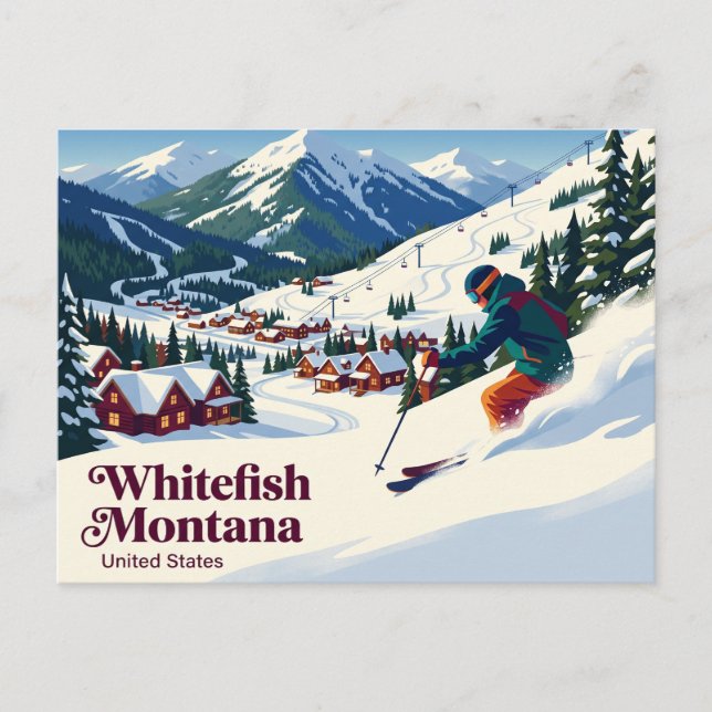 Greetings from Whitefish Montana Skier Postcard (Front)