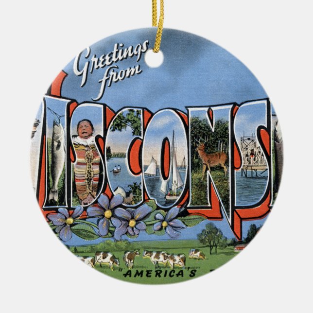 Greetings From Wisconsin Ceramic Tree Decoration (Front)
