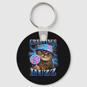 Greetings Huzz Funny Cat Meme Bootleg Graphic Cats Key Ring