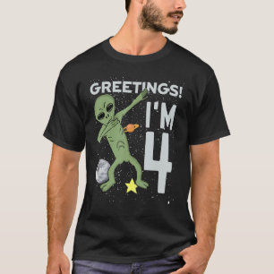 Greetings I'm 4 Space Alien Theme 4th Birthday Par T-Shirt