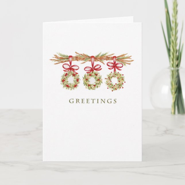 Greetings Three Wreaths Branch Holiday Blank Card (Front)