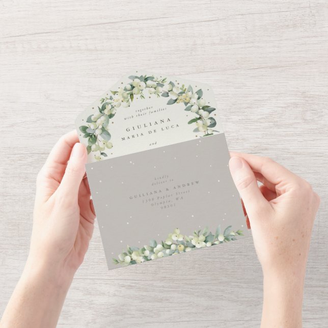 Greige/Cream Snowberry+Eucalyptus Reception Only All In One Invitation (Opening)
