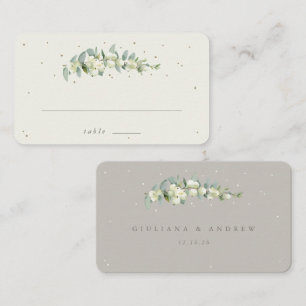 Greige/Cream Snowberry+Eucalyptus Wedding Flat Place Card