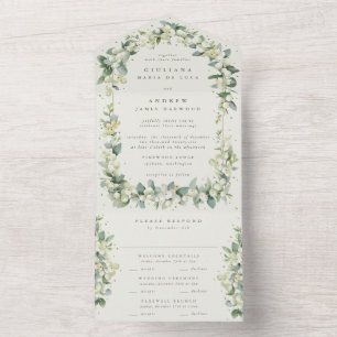 Greige/Cream Snowberry+Eucalyptus Winter Wedding All In One Invitation