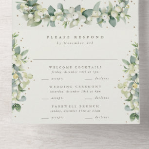 Greige/Cream Snowberry+Eucalyptus Winter Wedding All In One Invitation