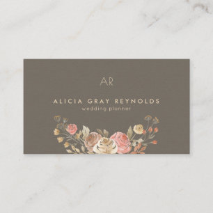 Greige Monogram Rose Gold Floral Wedding Planner Business Card