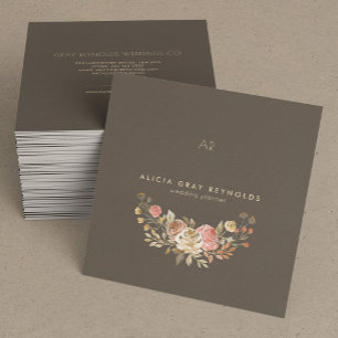 Greige Monogram Rose Gold Floral Wedding Planner Square Business Card