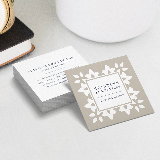 Greige | Moroccan Geometric Square Square Business Card (Creator Uploaded)