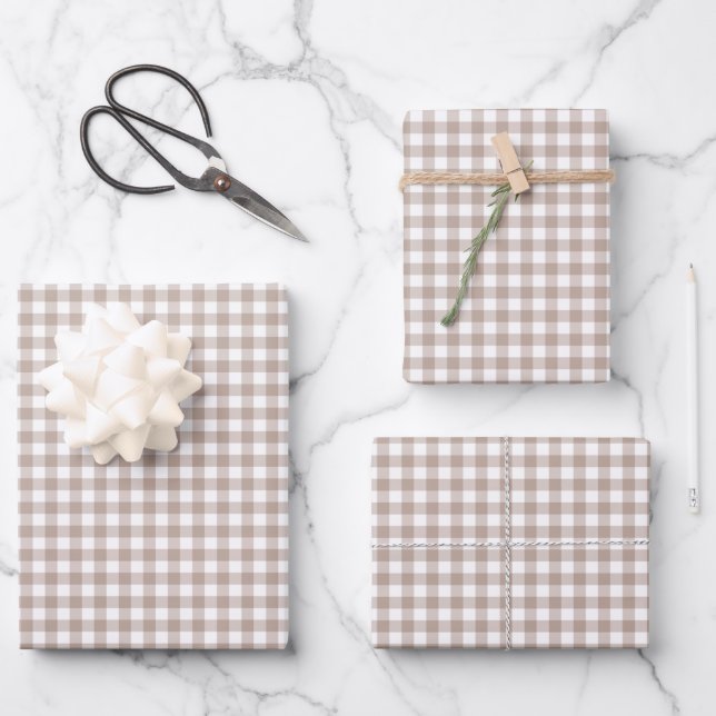Greige Putty Grey Gingham Check Pattern Wrapping Paper Sheet (Front)