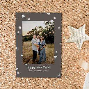 Greige Simple Shiny Stars One Photo Happy New Year